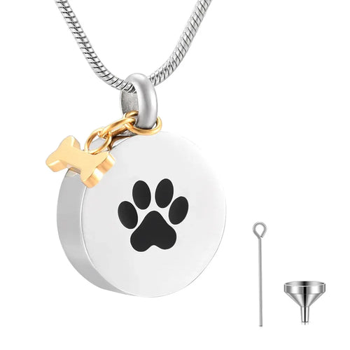 Pet Ashes Necklace Paw Print Round Pendant