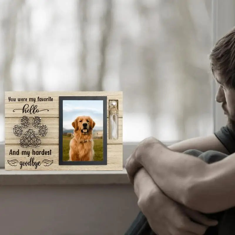 Wooden Pet Memorial Photo Frame with Urn Bottle